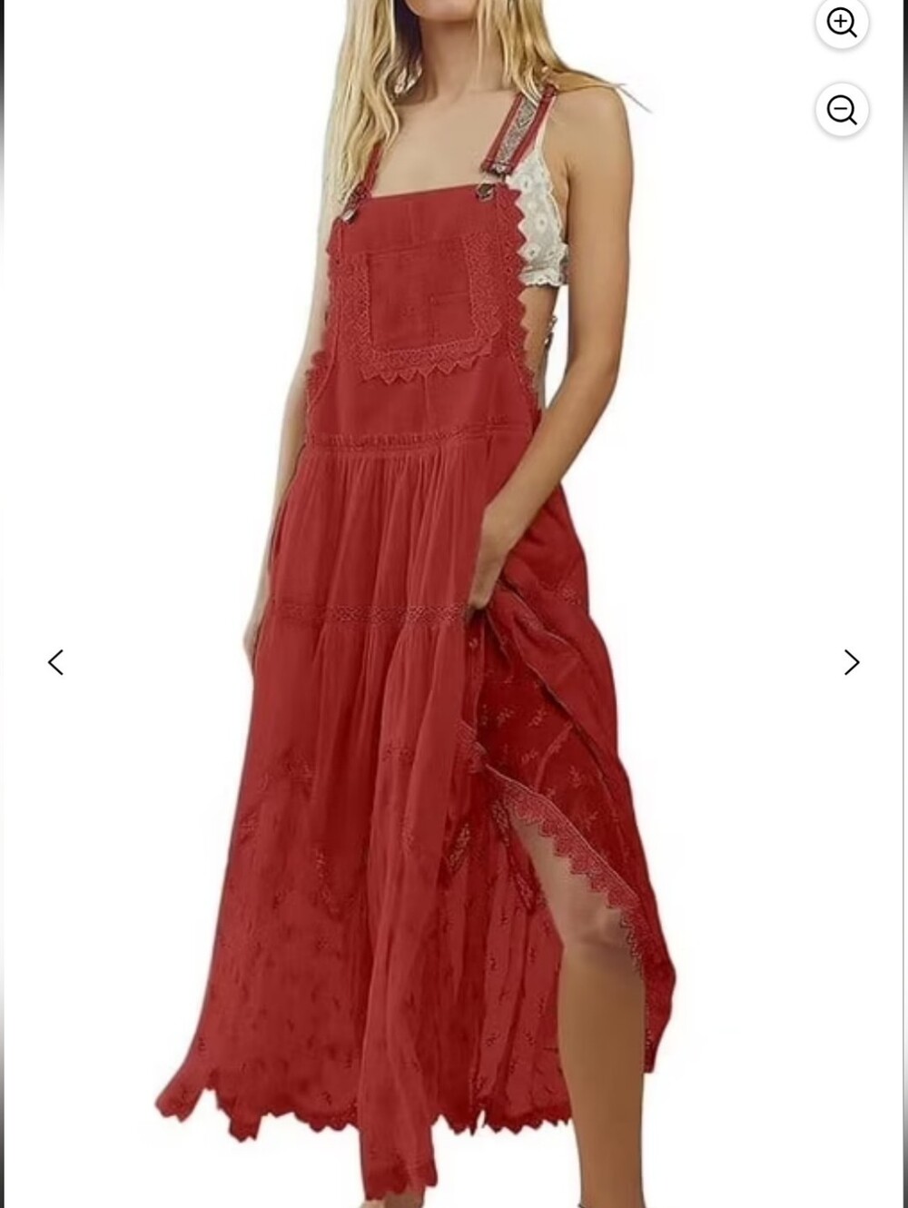 Boho Brick Color Maxi Overall Dress with Lace Trim
